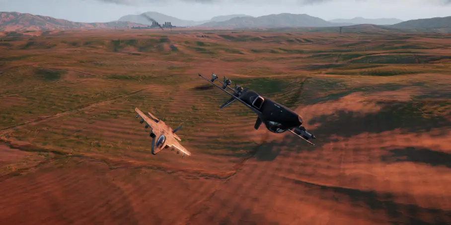 An enemy TA-30 jet chasing another TA-30 jet in a dogfight, while one of them is upside down close to the ground